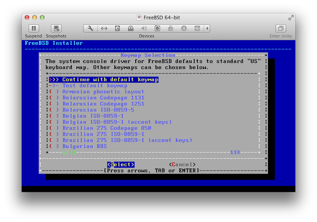 FreeBSD installer Keymap Selection